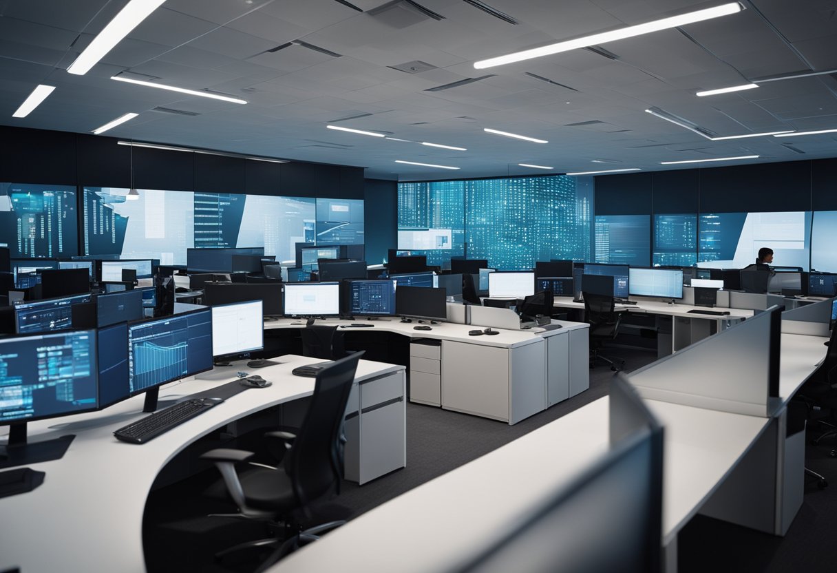 A group of digital entities collaborate in a sleek, modern office space owned by Moderna. Computer screens display complex data and graphs, while virtual avatars interact with each other