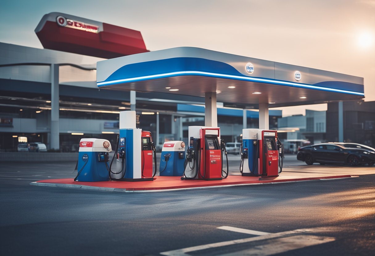 A modern gas station with a bright red and blue logo stands next to a busy highway, with cars coming and going