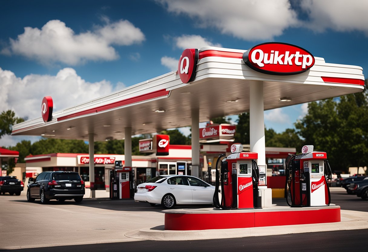 A towering QuikTrip gas station and convenience store stands proudly, with the company logo displayed prominently. A line of cars fills the gas pumps, while customers bustle in and out of the store