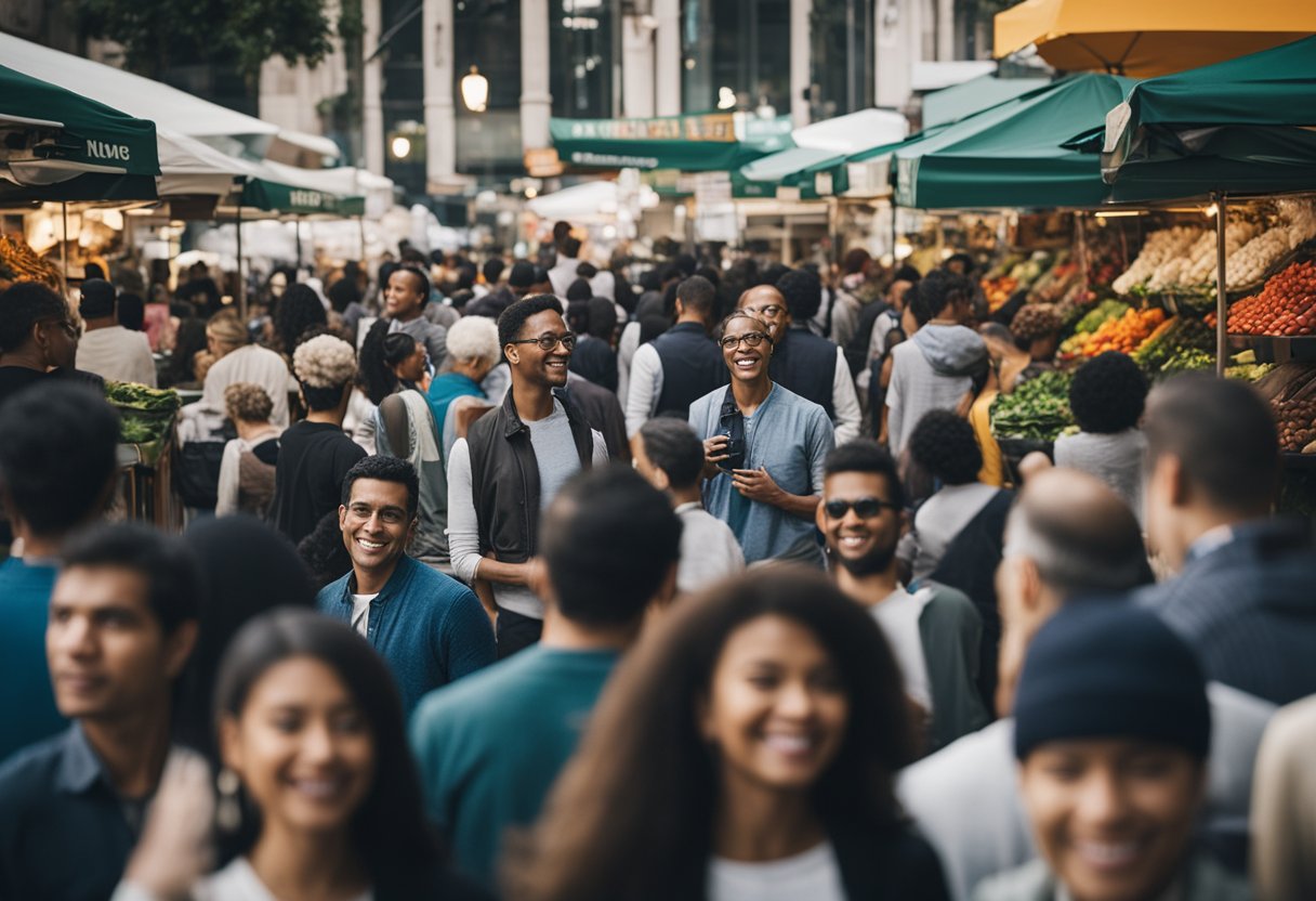 A bustling marketplace with diverse audience members engaging with Univision branding
