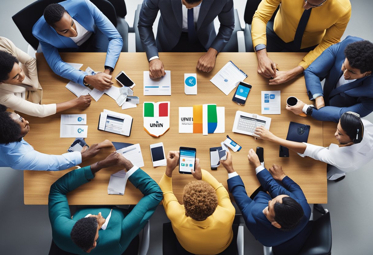 A group of diverse people gather around a Univision logo, brainstorming and exchanging ideas, symbolizing the challenges and opportunities faced by the network's ownership