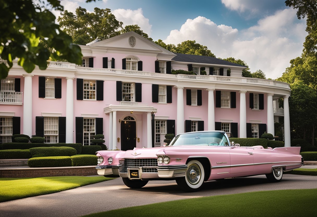 The iconic Graceland mansion with its grand gates and lush gardens. A vintage pink Cadillac parked in the driveway. Elvis Presley's unmistakable TCB lightning bolt logo displayed prominently