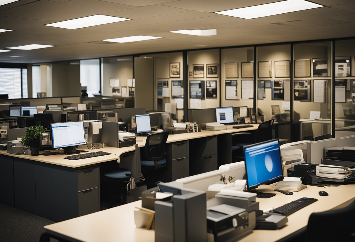 A bustling office with desks, computers, and filing cabinets. A large poster of Elvis Presley hangs on the wall