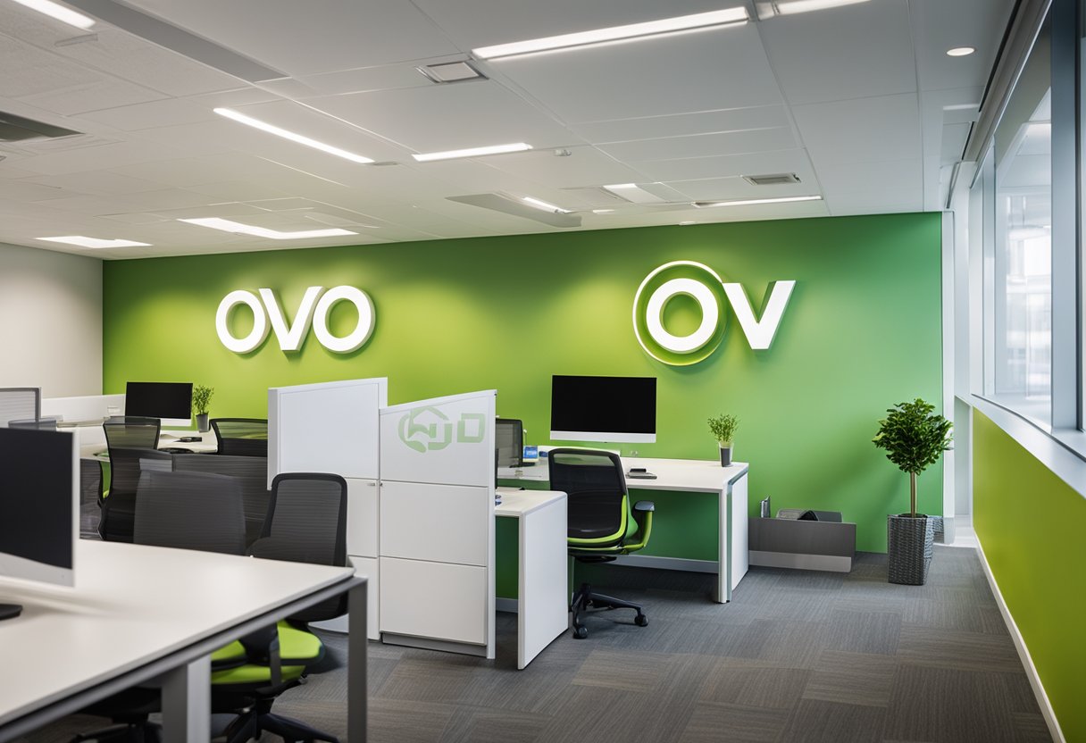A bright and modern office space with the OVO Energy logo prominently displayed on the wall. A sleek and professional atmosphere with a sense of innovation and sustainability