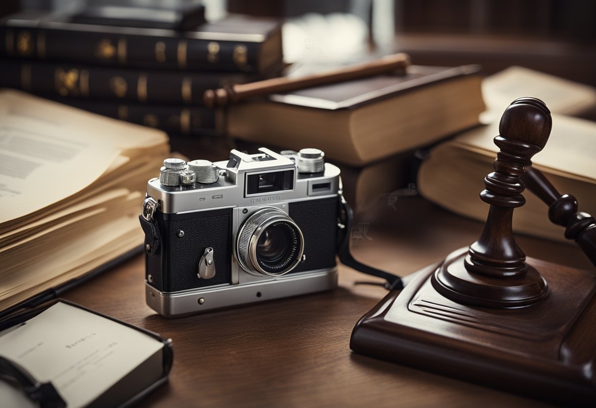 A vintage film camera surrounded by legal documents and a gavel on a wooden desk