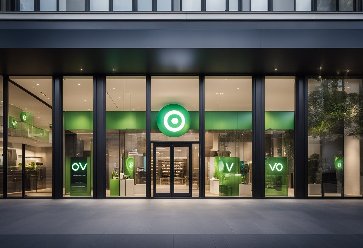 The OVO Energy logo displayed on a sleek, modern storefront with a lineup of innovative energy products and technologies showcased in the window