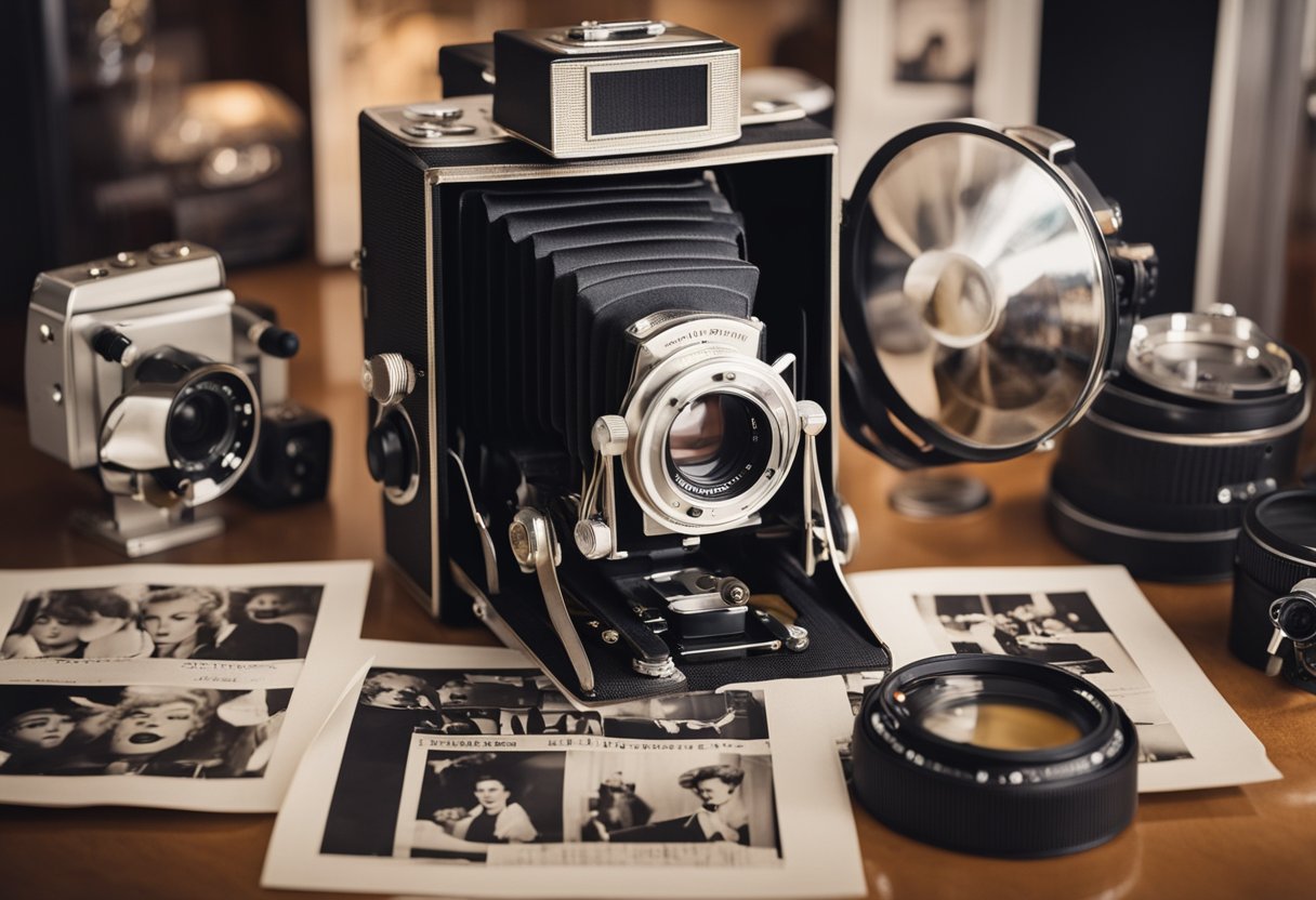 A vintage Hollywood movie camera surrounded by iconic Marilyn Monroe memorabilia and images