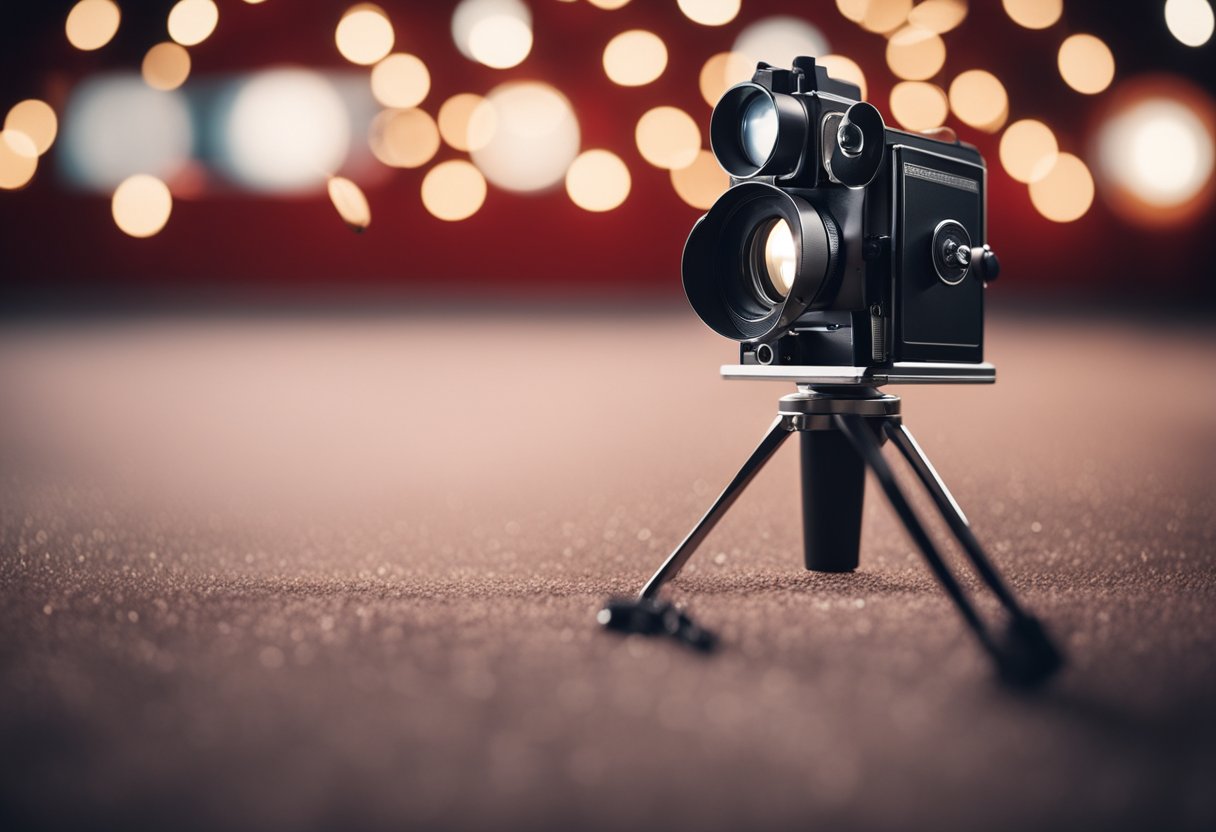 A vintage movie camera on a red carpet with a spotlight shining on it