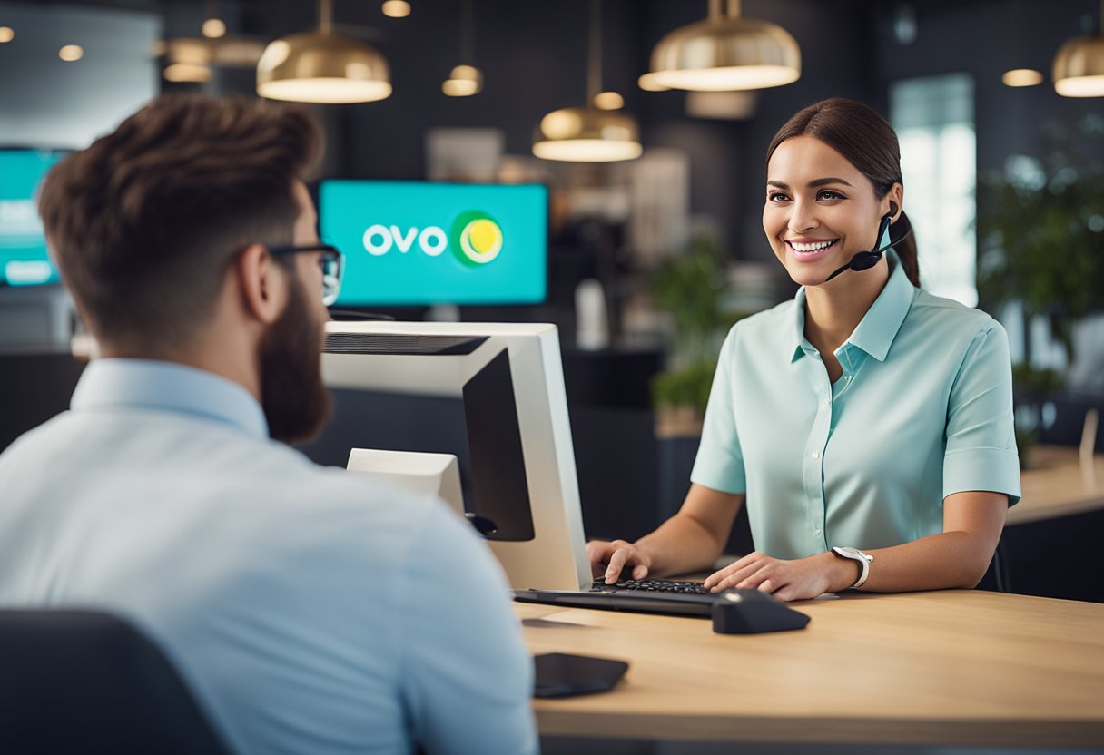 A customer service representative assists a smiling customer with an OVO Energy logo in the background