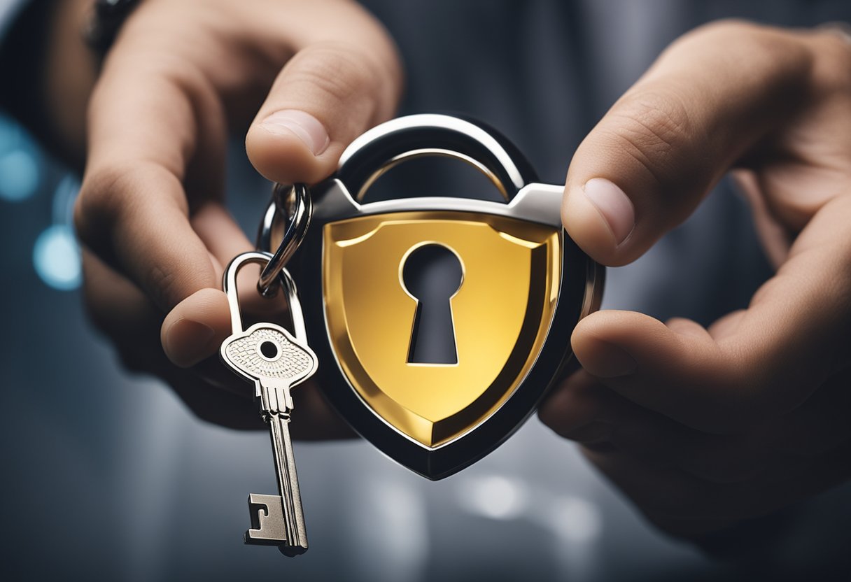 A person holding a key with a lock and a data symbol, surrounded by a shield symbolizing privacy