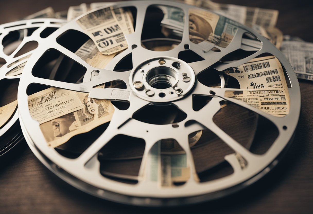 A vintage film reel adorned with iconic images of Marilyn Monroe, surrounded by legal documents and logos of various licensing companies and partners