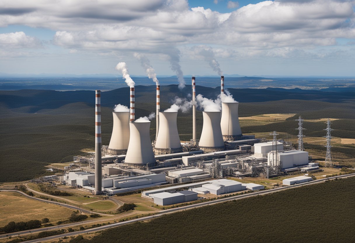 A power plant with the Energy Australia logo on the exterior, surrounded by transmission lines and electrical infrastructure