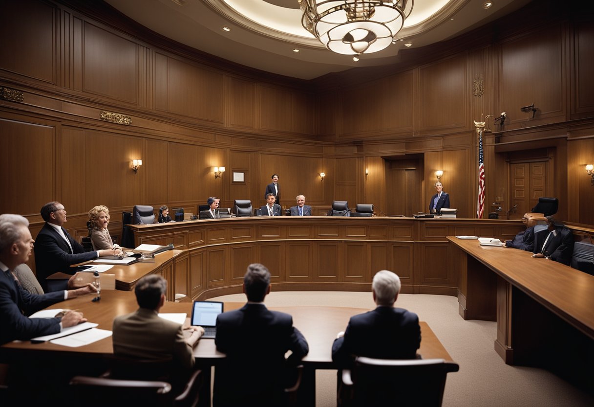 A courtroom with lawyers presenting evidence and arguing over ownership of Marilyn Monroe's rights