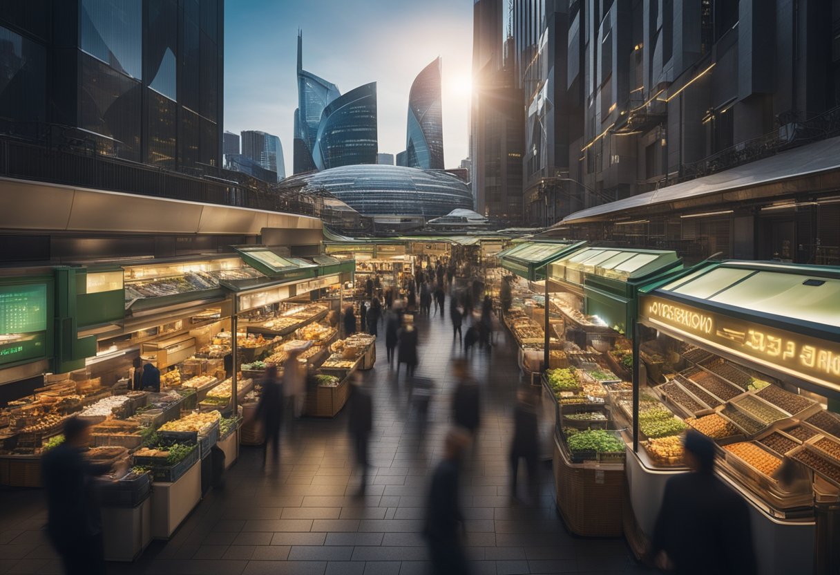 A bustling market with energy-related products and a futuristic skyline, symbolizing Ovo Energy's impact and future outlook