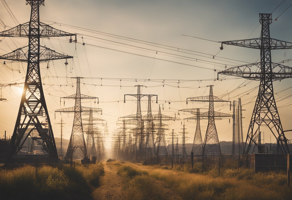 A sprawling network of power lines and substations, with trucks and workers maintaining the infrastructure