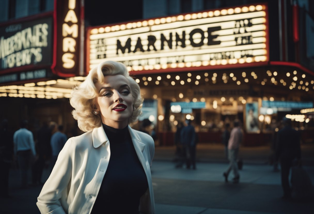 A vintage movie theater marquee displays "Marilyn Monroe" in bright lights, while people walk by wearing t-shirts and carrying merchandise with her iconic image