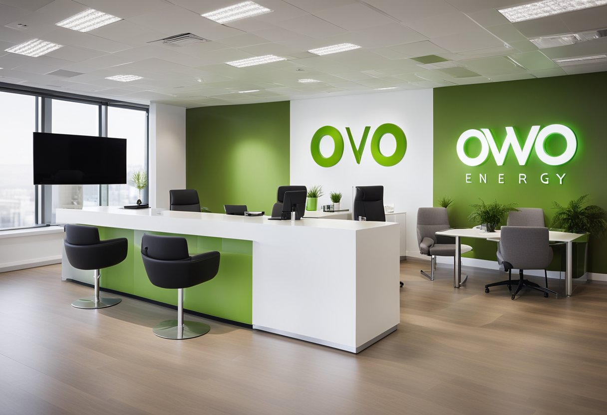 A bright, modern office with the OVO Energy logo prominently displayed on the reception desk. Employees work at their desks, collaborating and sharing insights