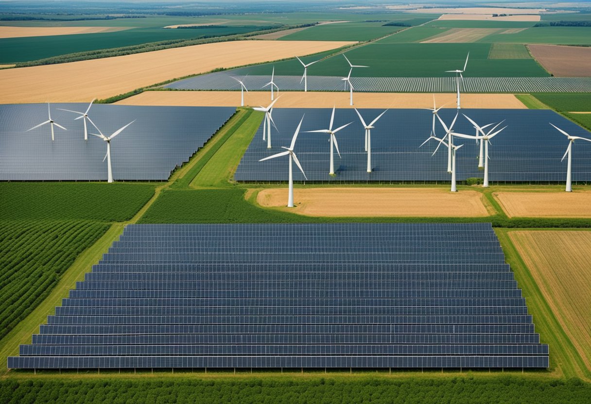 A wind farm with rows of turbines stretching across the horizon, surrounded by solar panels and fields of green energy crops
