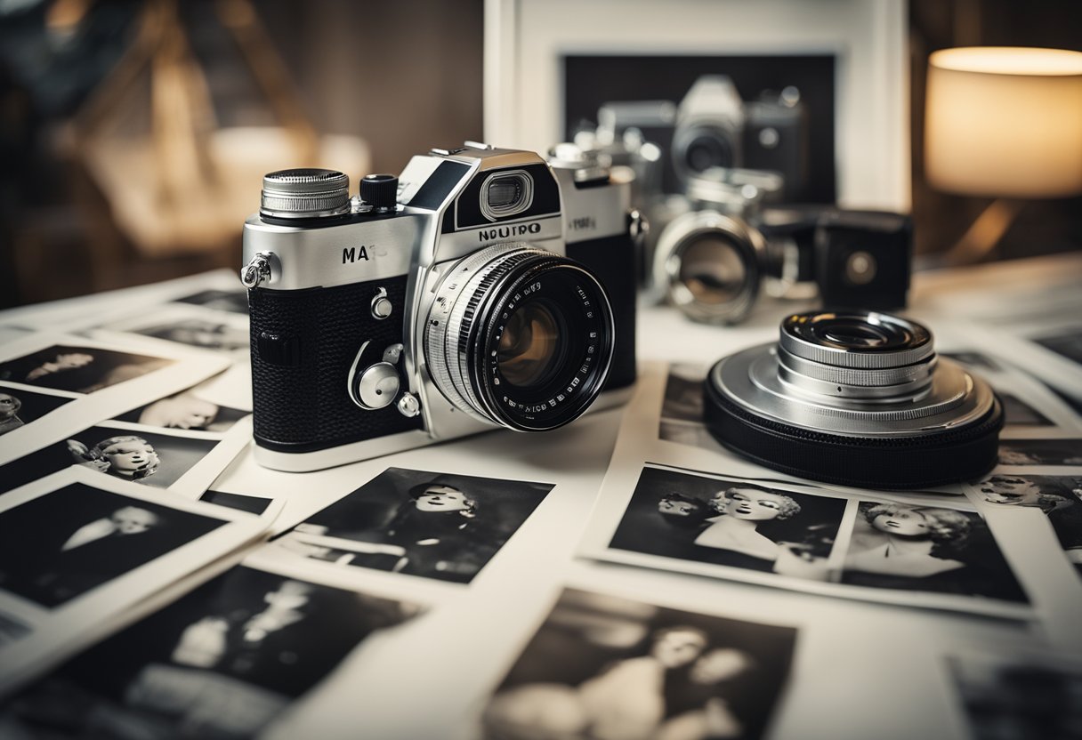 A vintage film camera surrounded by Marilyn Monroe memorabilia, with her iconic image displayed on posters and merchandise