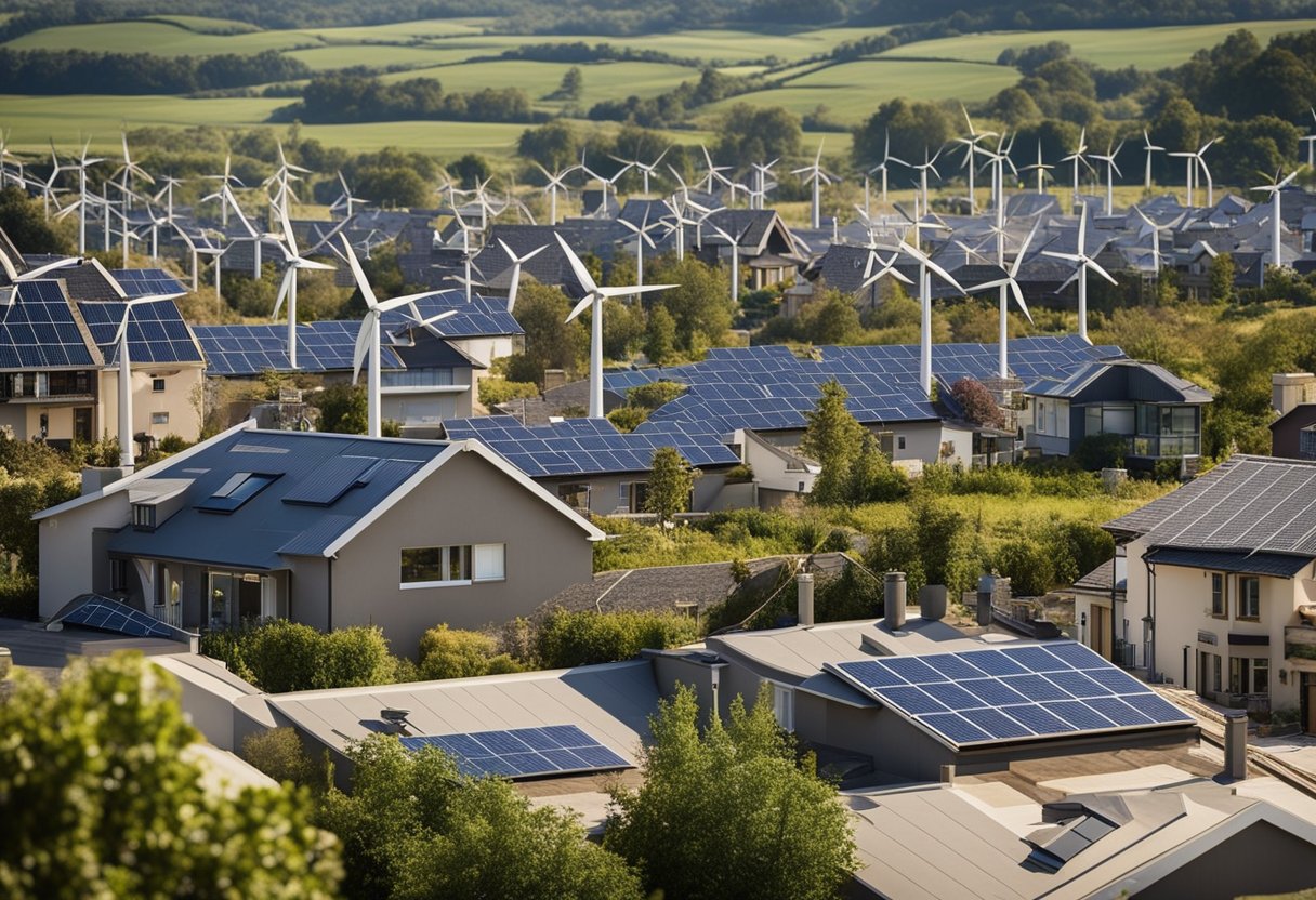 A bustling local community with small businesses and homes, surrounded by renewable energy sources like wind turbines and solar panels
