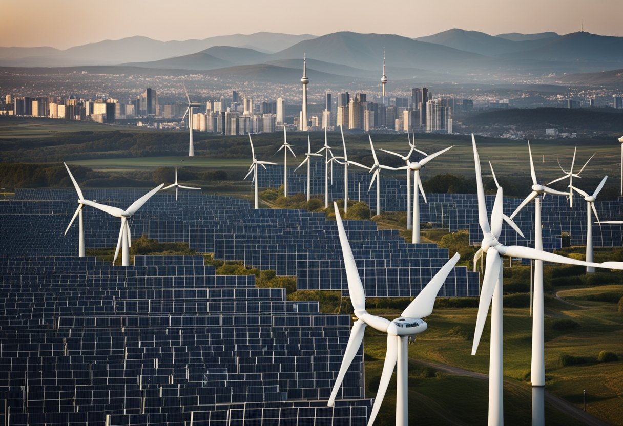 A futuristic city skyline with renewable energy sources like wind turbines and solar panels, contrasted with traditional power plants
