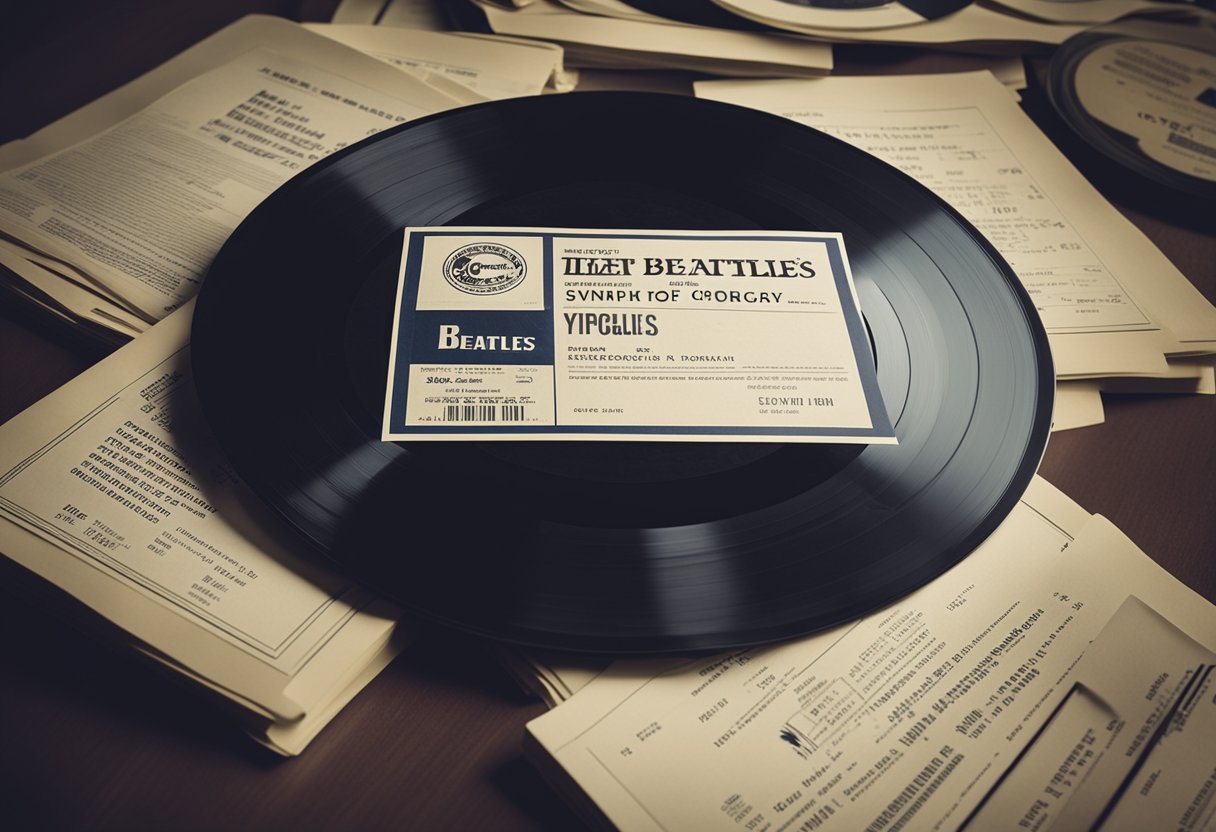 A stack of vinyl records with the Beatles' iconic logo on the label, surrounded by legal documents and copyright certificates