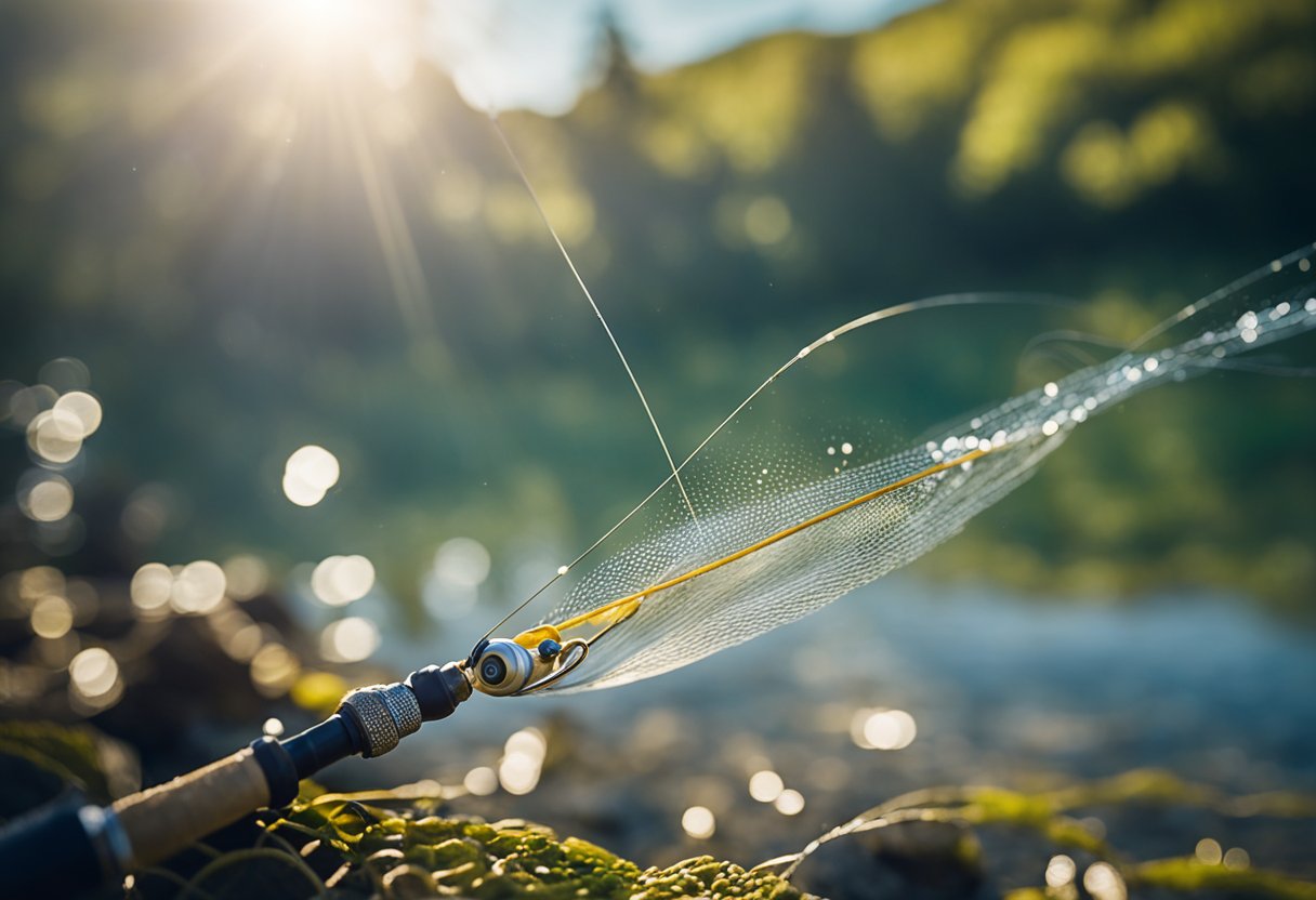 A fly fishing line gracefully arcs through the air, with the weight and running line visible as it shoots out over the water