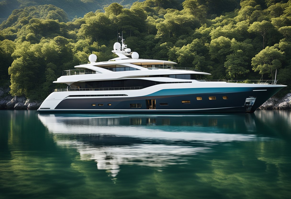A luxurious yacht anchored in a pristine harbor, surrounded by crystal-clear waters and lush greenery. The sleek design and polished exterior indicate a wealthy owner