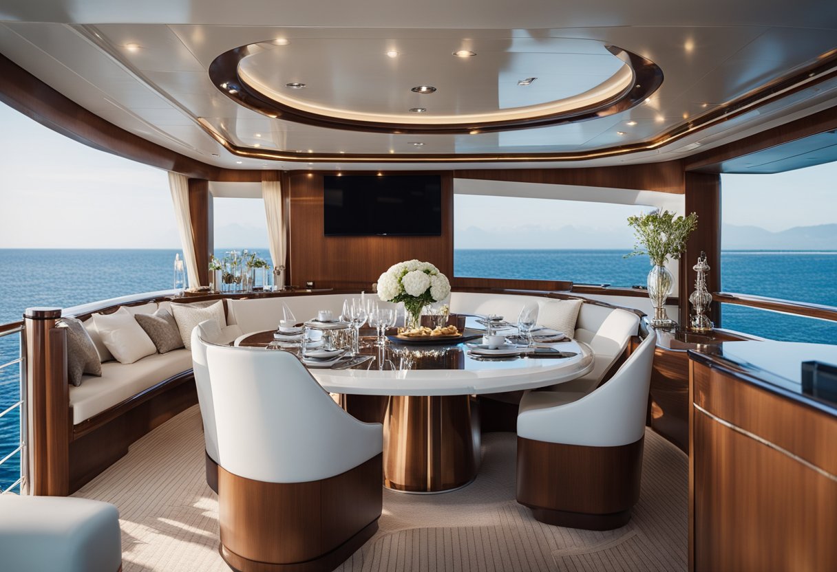 A luxurious yacht sails through crystal-clear waters, with a crew attending to various tasks on deck. The opulent interior is visible through large windows