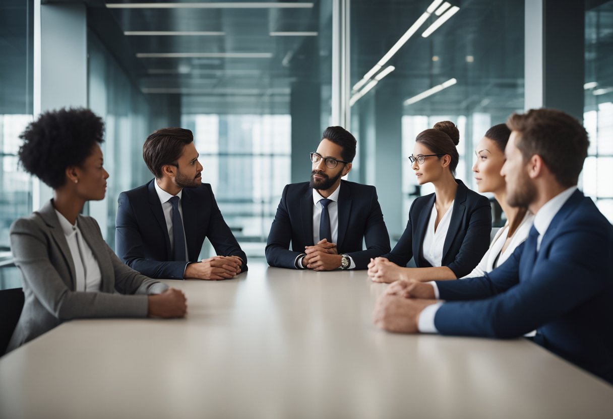 A group of professionals in business attire gather around a conference table, engaged in a discussion. One person stands at the head of the table, exuding authority and confidence