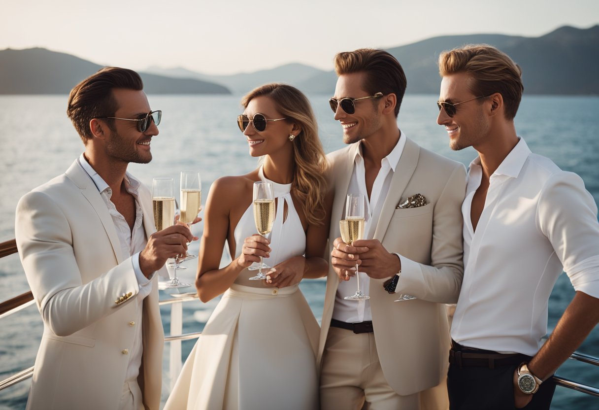 A group of stylishly dressed individuals gather on the deck of a luxurious yacht, champagne glasses in hand, with the sparkling ocean as a backdrop