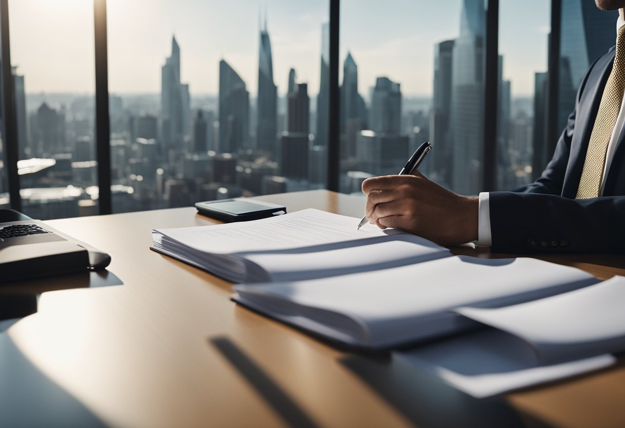 A well-dressed individual signing documents in a modern office with a view of the city skyline