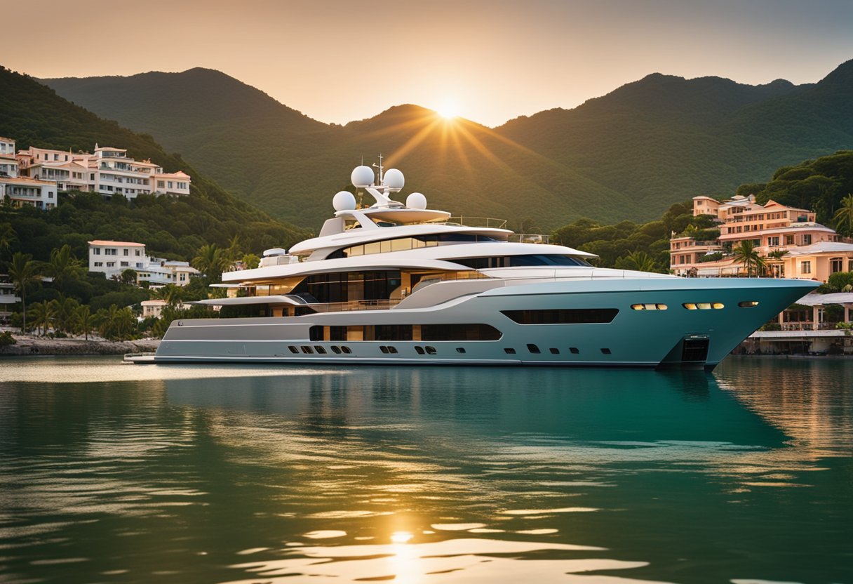 A luxurious yacht sits anchored in a crystal-clear bay, surrounded by lush green hills and colorful villas. The sun sets in the background, casting a warm glow over the tranquil scene