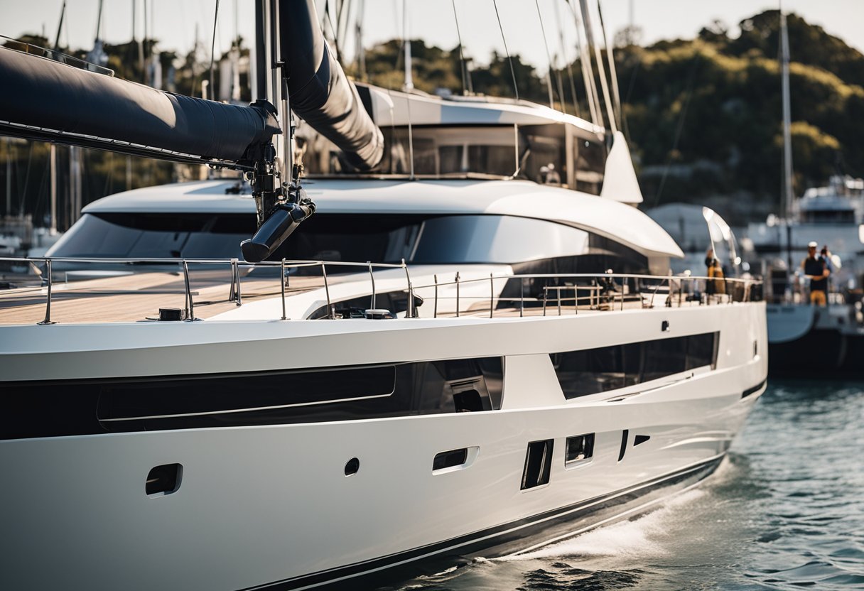 A sleek yacht undergoing a refit with workers and equipment on board