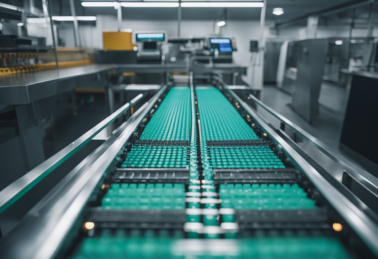 A conveyor belt moves products through a series of automated inspection stations, each equipped with sensors and cameras for quality control