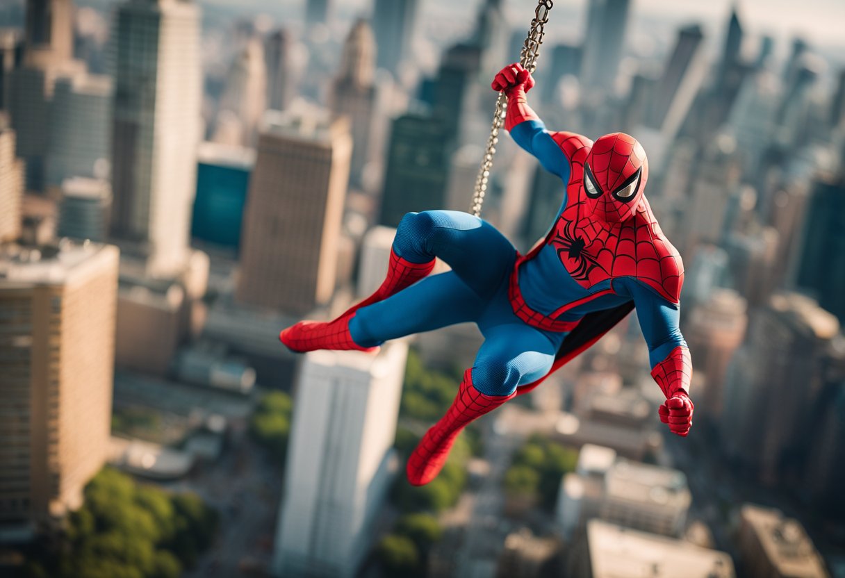 A spider-themed superhero swinging through a city skyline