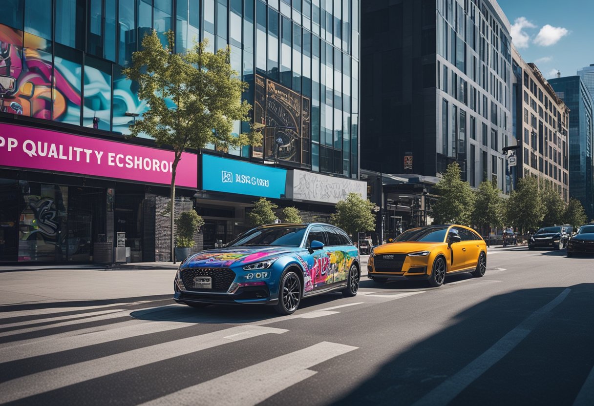 A bustling urban street with graffiti-covered walls, flashy cars, and a sleek office building with the sign "Quality Control Music" prominently displayed