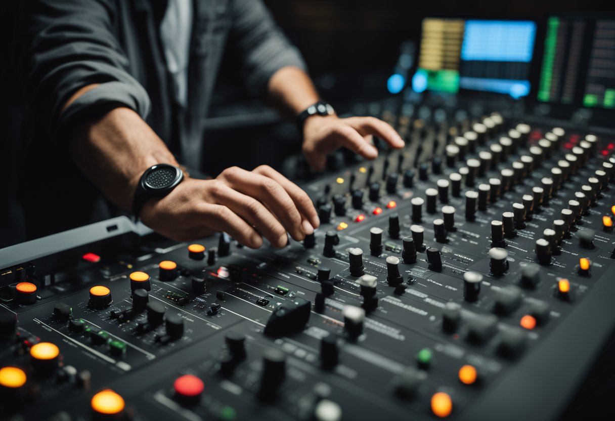 A sound engineer adjusts knobs on a mixing console while checking audio levels on a computer screen in a professional recording studio
