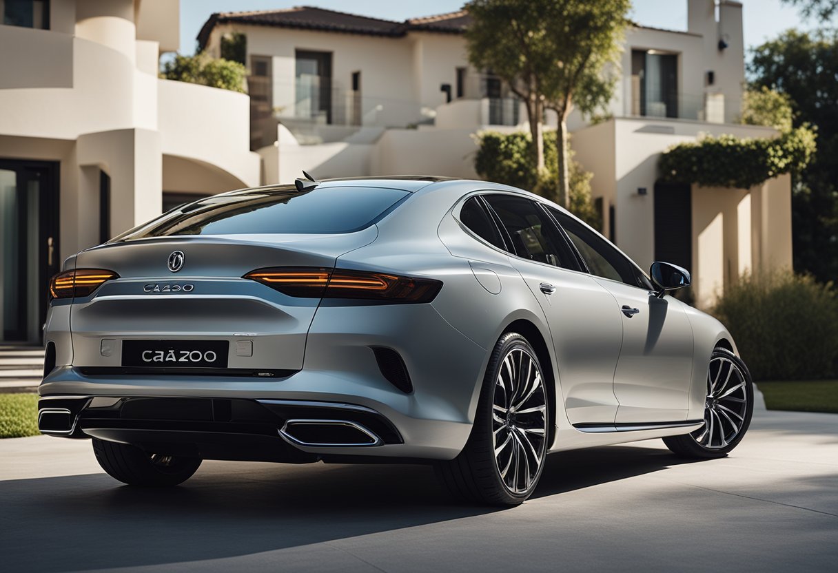A sleek, modern car sits in a driveway, with a Cazoo logo prominently displayed on the vehicle's exterior