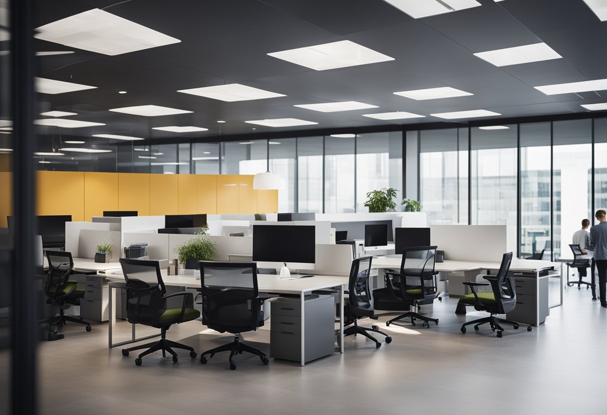 A sleek, modern office with the company logo prominently displayed on the wall, surrounded by bustling employees working diligently at their desks