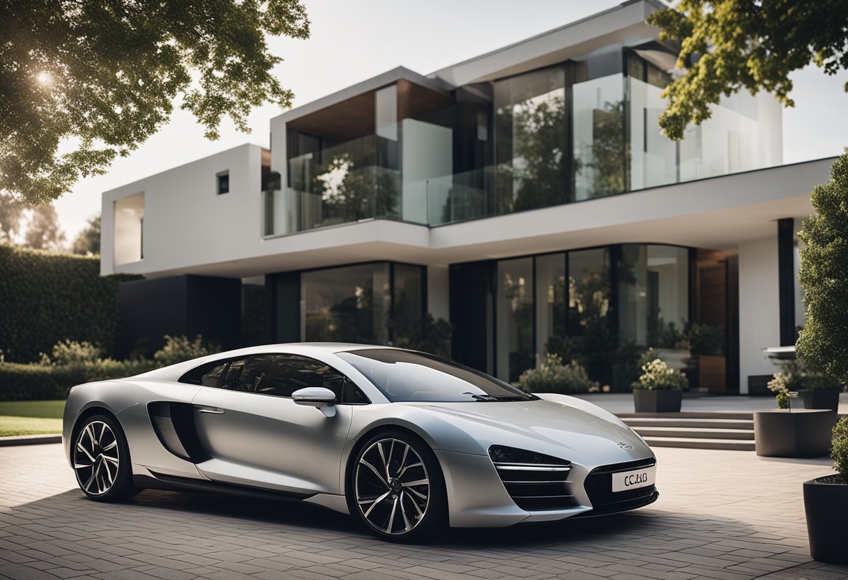 A sleek, modern car with the Cazoo logo parked in front of a contemporary house with a well-maintained garden