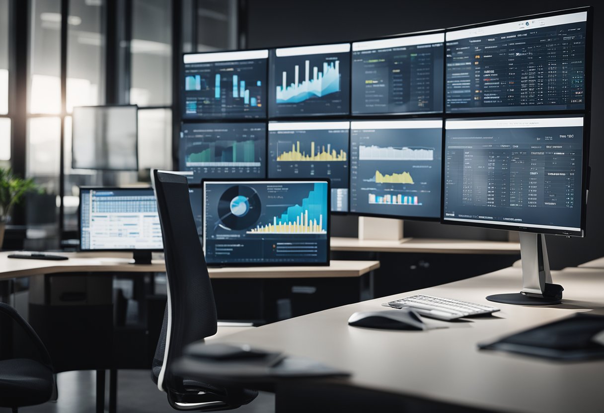 A sleek, modern office desk with a computer screen displaying the financial information of Cazoo, surrounded by charts and graphs