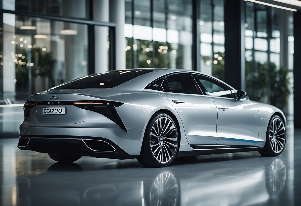 A sleek, modern car with the Cazoo logo parked in a spacious, well-lit showroom