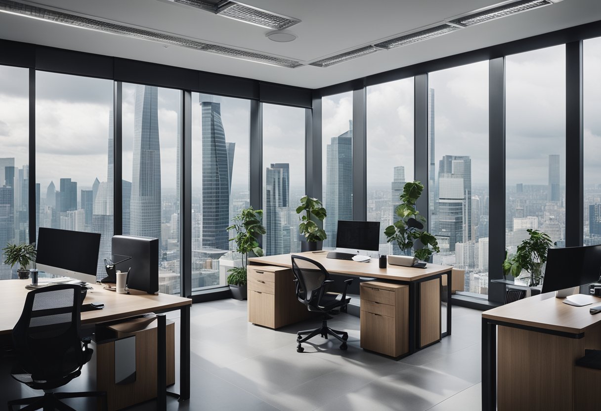 A modern office with a sleek logo and branding materials, surrounded by a bustling cityscape