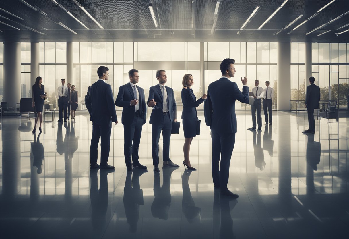 A group of people in business attire discussing and pointing to a large sign with the words "Company Policies: Who Owns Cazoo" displayed prominently