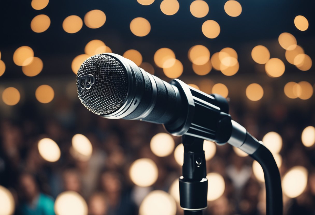 A vintage microphone stands on a stage, surrounded by bright lights and a crowd of cheering fans