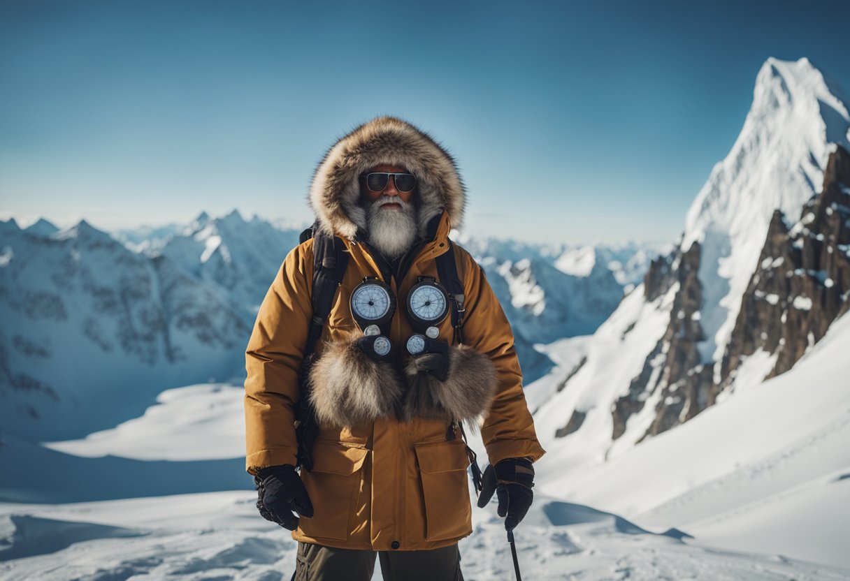 A rugged explorer in a fur-trimmed parka stands triumphantly next to a majestic yeti, holding a map and compass