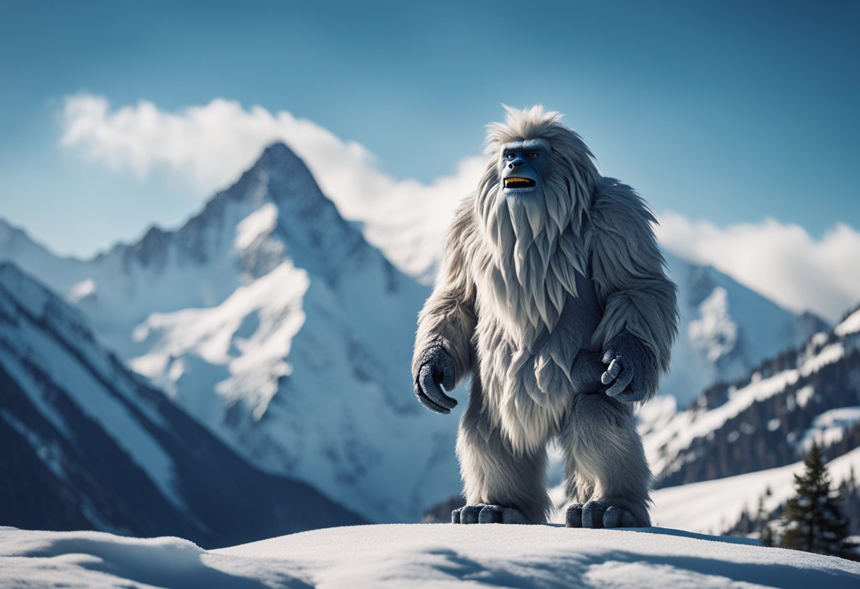 A large, shaggy yeti stands proudly in a snowy mountain landscape, surrounded by towering peaks and a sense of mystery