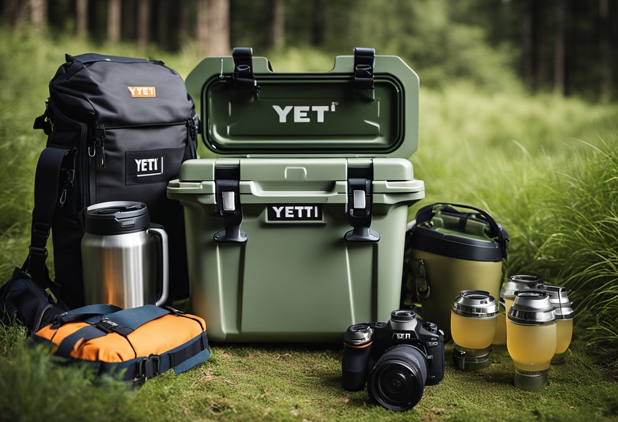 A collection of outdoor gear including coolers, drinkware, and bags, all featuring the distinctive Yeti logo