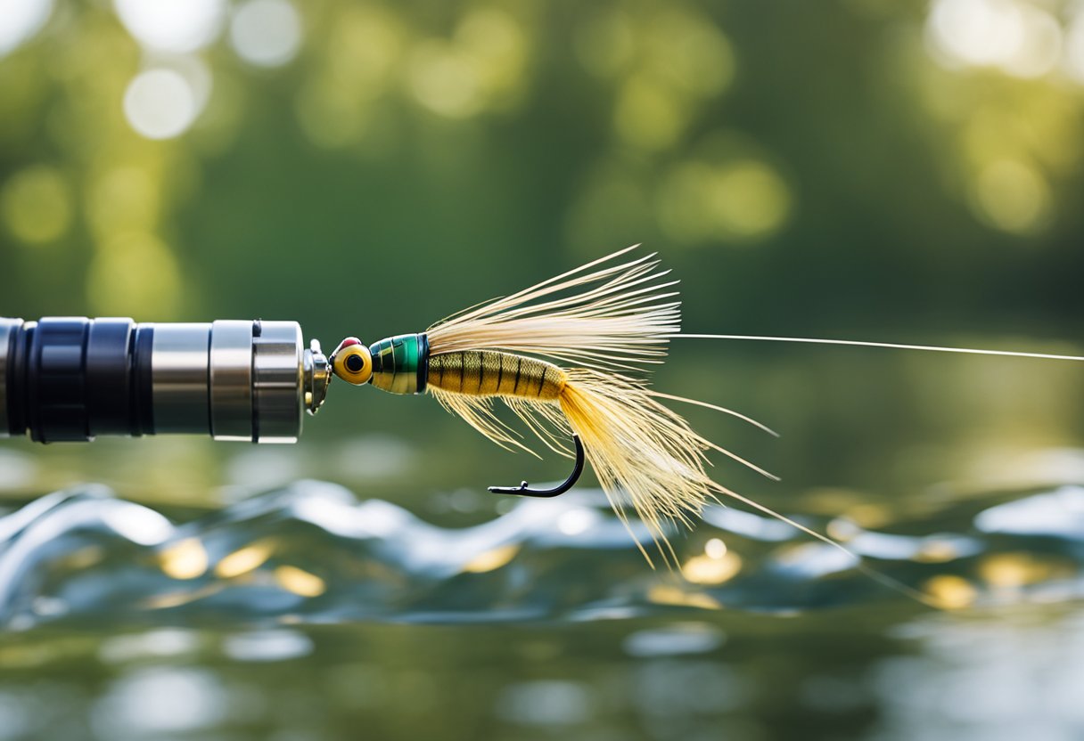 A fly fishing line unfurls in the air, with tapered leader lines and tippet extending from it, ready to land on the water